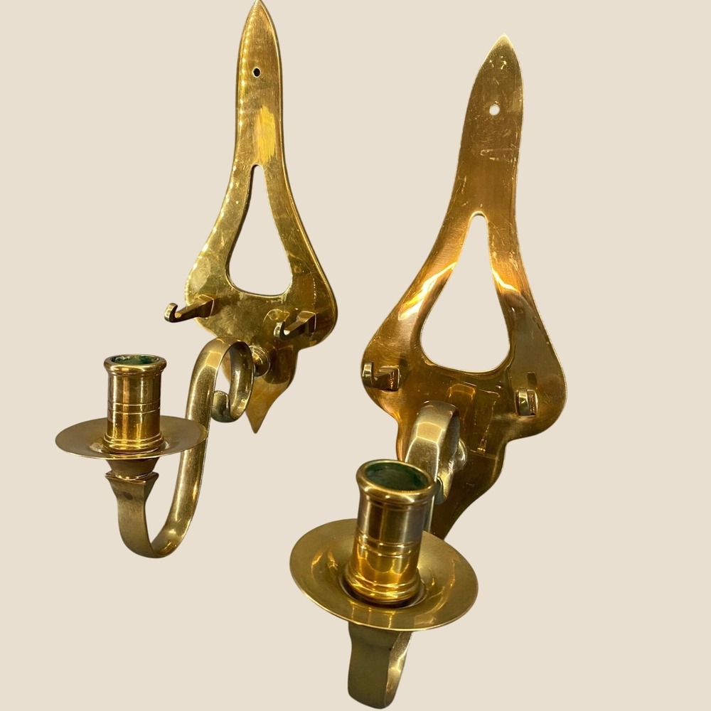 Vintage Solid Brass Wall Sconce Candle Holders Set of 2 Scrolled Arm Gold Decor